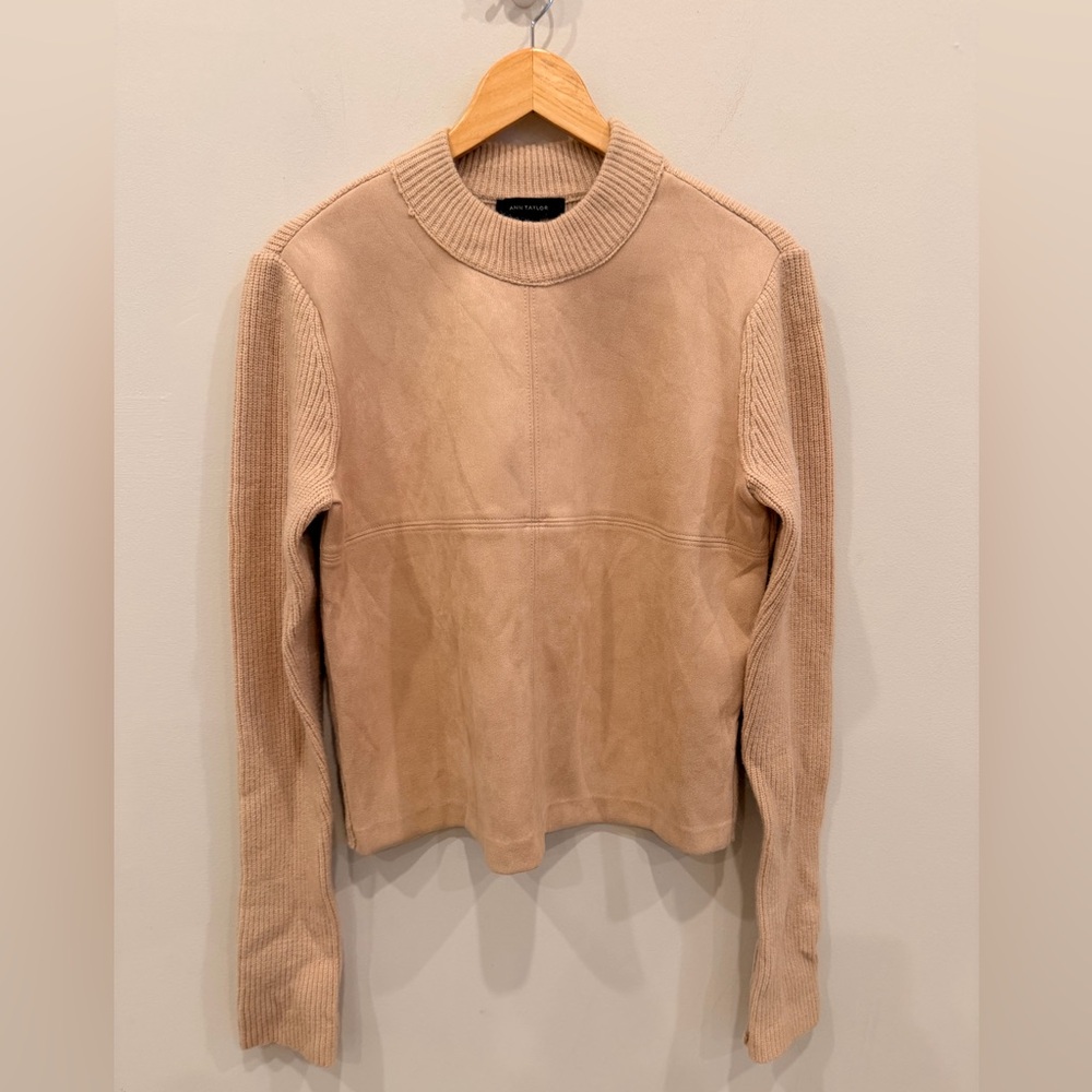 Ann Taylor Faux Suede Panel‎ Ribbed Knit Sweater Tan Size Small